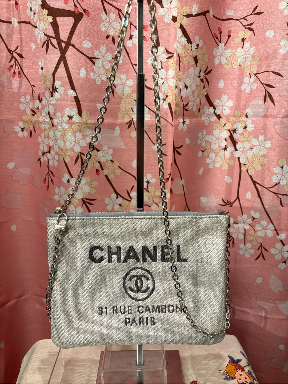 Chanel Deauville Logo Canvas Clutch Pouch Bag Grey with silver chain
